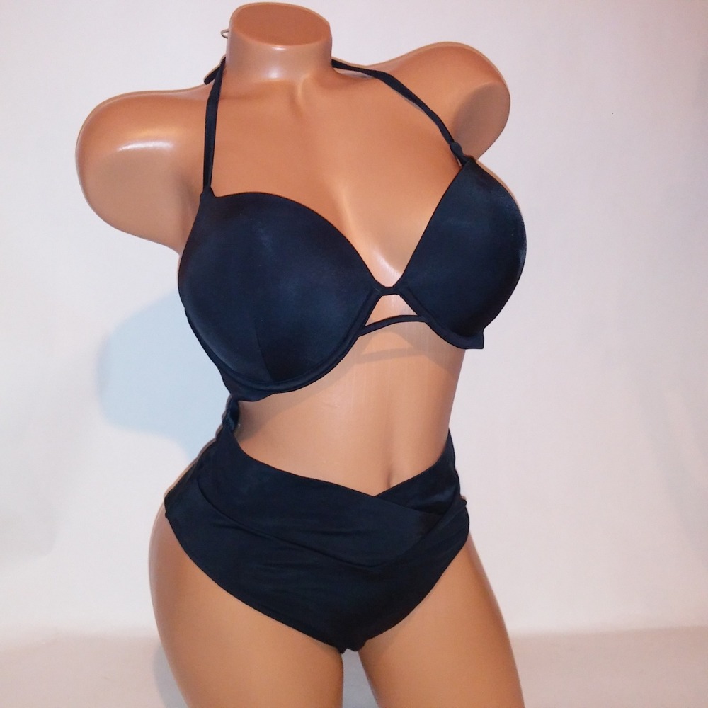 Victoria Secret Swim Bikini 36C Top Medium Bottom Bombshell Push Up Black Solid